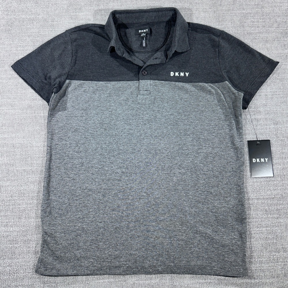 DKNY Polo Shirt Boys Size M 10-12 Grey NEW Color Block Logo Short Sleeve Top